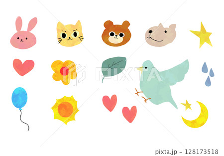 水彩風 かわいい動物フェイス＆モチーフアイコンセット 128173518