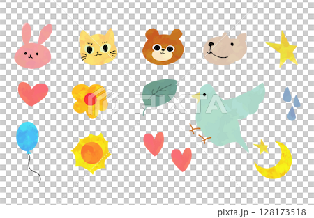 水彩風 かわいい動物フェイス＆モチーフアイコンセット 128173518