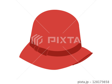 Cloche Hat with bow. Summer Head Fashion accessory cap with narrow brim clothing technical illustration. 128173658