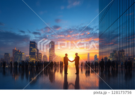 Business Conference with Many People Shaking Hands at City Office Building During Sunset Business Conference with Many People Shaking Hands at City Office Building During Sunset 128173756