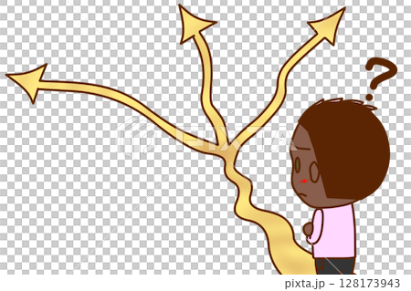 (Upper body, rear view) An African-American boy begins to get lost at a fork in the road. (Upper body, rear view) An African-American boy begins to get lost at a fork in the road. 128173943