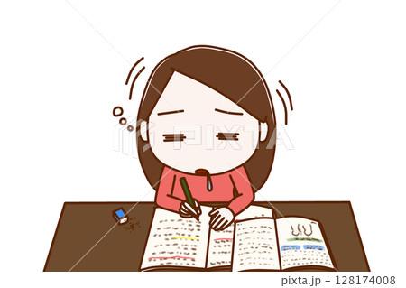 (上半身正面)勉強を頑張っていたが力尽きてコックリと船をこいでうたた寝をする女性 (上半身正面)勉強を頑張っていたが力尽きてコックリと船をこいでうたた寝をする女性 128174008