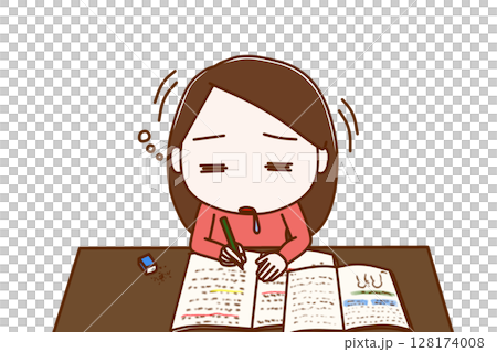 (上半身正面)勉強を頑張っていたが力尽きてコックリと船をこいでうたた寝をする女性 (上半身正面)勉強を頑張っていたが力尽きてコックリと船をこいでうたた寝をする女性 128174008