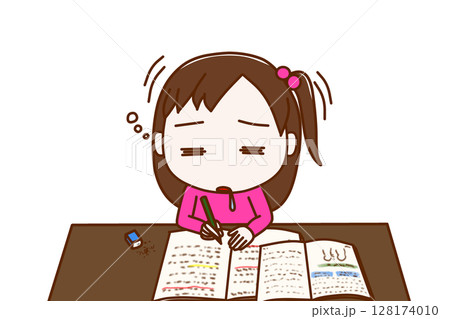 （上半身正面）勉強を頑張っていたが力尽きてコックリと船をこいでうたた寝をする少女 128174010