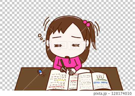 （上半身正面）勉強を頑張っていたが力尽きてコックリと船をこいでうたた寝をする少女 128174010