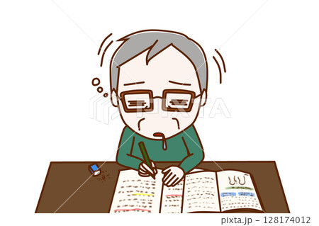 （上半身正面）勉強を頑張っていたが力尽きてコックリと船をこいでうたた寝をする高齢の男性 128174012
