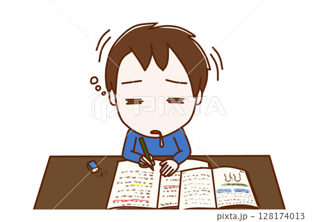 （上半身正面）勉強を頑張っていたが力尽きてコックリと船をこいでうたた寝をする少年 128174013