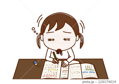 （上半身正面）勉強を頑張っていたが力尽きてコックリと船をこいでうたた寝をする女子学生 128174014