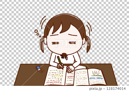 （上半身正面）勉強を頑張っていたが力尽きてコックリと船をこいでうたた寝をする女子学生 128174014