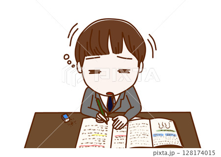 （上半身正面）勉強を頑張っていたが力尽きてコックリと船をこいでうたた寝をする男子学生 128174015