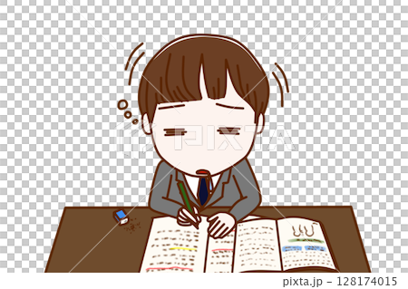 （上半身正面）勉強を頑張っていたが力尽きてコックリと船をこいでうたた寝をする男子学生 128174015