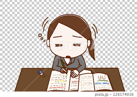 （上半身正面）勉強を頑張っていたが力尽きてコックリと船をこいでうたた寝をするスーツ姿の女性 128174016