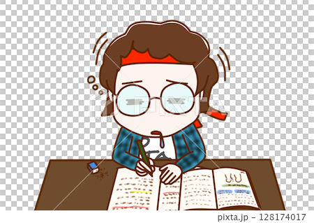 (Front view of upper body) A geek wearing glasses who was studying hard but ran out of energy and fell asleep rowing a boat 128174017