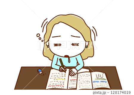 （上半身正面）勉強を頑張っていたが力尽きてコックリと船をこいでうたた寝をする白人女性 128174019
