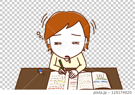(Front upper body) A Caucasian man who was studying hard but ran out of energy and fell asleep rowing a boat (Front upper body) A Caucasian man who was studying hard but ran out of energy and fell asleep rowing a boat 128174020
