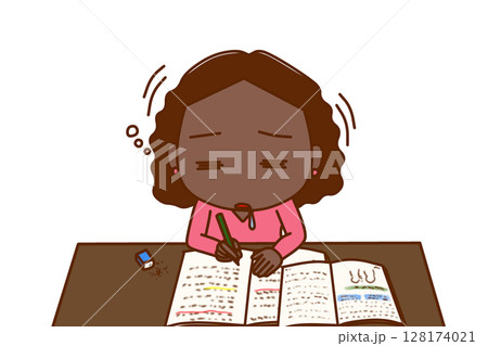 （上半身正面）勉強を頑張っていたが力尽きてコックリと船をこいでうたた寝をするアフリカ系女性 128174021