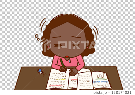 （上半身正面）勉強を頑張っていたが力尽きてコックリと船をこいでうたた寝をするアフリカ系女性 128174021