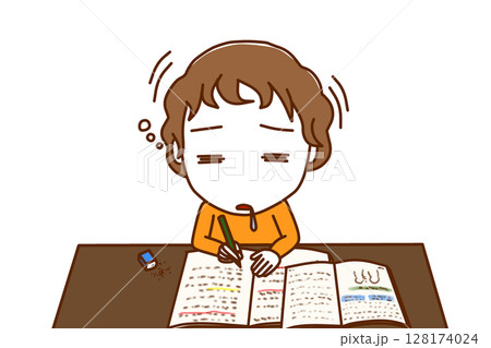 （上半身正面）勉強を頑張っていたが力尽きてコックリと船をこいでうたた寝をする白人少年 128174024