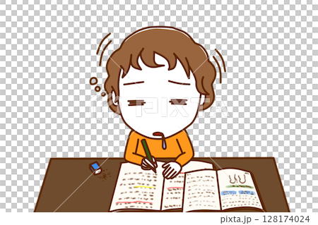 （上半身正面）勉強を頑張っていたが力尽きてコックリと船をこいでうたた寝をする白人少年 128174024