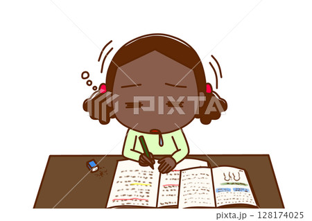 （上半身正面）勉強を頑張っていたが力尽きてコックリと船をこいでうたた寝をするアフリカ系少女 128174025