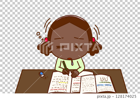 （上半身正面）勉強を頑張っていたが力尽きてコックリと船をこいでうたた寝をするアフリカ系少女 128174025