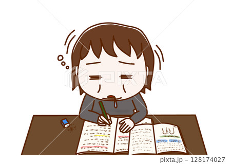 （上半身正面）勉強を頑張っていたが力尽きてコックリと船をこいでうたた寝をする太った女性 128174027