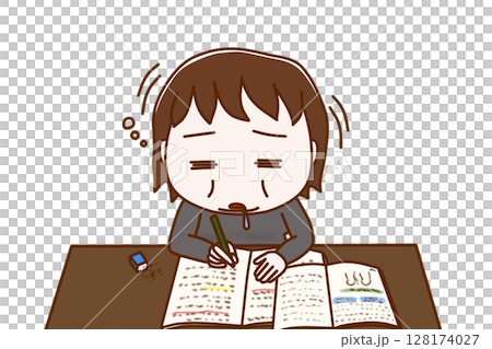 （上半身正面）勉強を頑張っていたが力尽きてコックリと船をこいでうたた寝をする太った女性 128174027