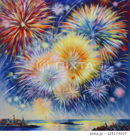 花火 油絵風 花火 油絵風 128174037