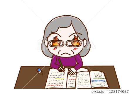 （上半身正面）目から炎を出して気合を入勉強を頑張る高齢の女性 128174087
