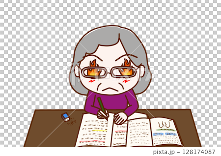 （上半身正面）目から炎を出して気合を入勉強を頑張る高齢の女性 128174087