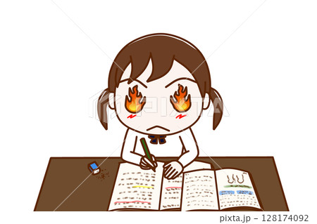 （上半身正面）目から炎を出して気合を入勉強を頑張る女子学生 128174092
