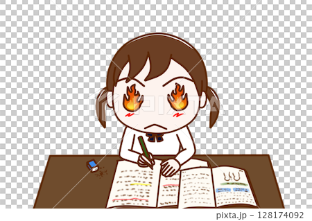 （上半身正面）目から炎を出して気合を入勉強を頑張る女子学生 128174092