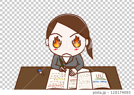 (Front upper body) A woman in a suit with flames coming out of her eyes as she studies hard (Front upper body) A woman in a suit with flames coming out of her eyes as she studies hard 128174093