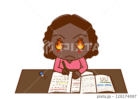 （上半身正面）目から炎を出して気合を入勉強を頑張るアフリカ系女性 128174097