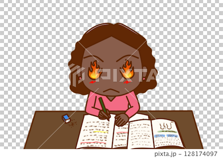 （上半身正面）目から炎を出して気合を入勉強を頑張るアフリカ系女性 128174097
