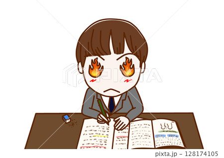 （上半身正面）目から炎を出して気合を入勉強を頑張る男子学生 128174105