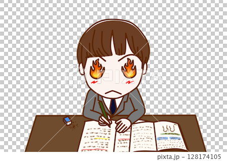 （上半身正面）目から炎を出して気合を入勉強を頑張る男子学生 128174105