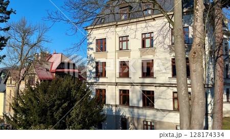 Sophisticated and Elegant Historic Architecture Nestled Amidst Lush Trees and a Clear Blue Sky 128174334