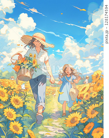 季節のイベント／家族で歩く夏のひまわり畑　 128174594