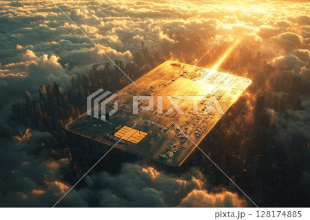 A credit card is floating in the sky above a city, futuristic Credit Bureau 128174885