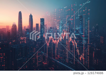 A city skyline with a large number of buildings and a large number of lights 128174886