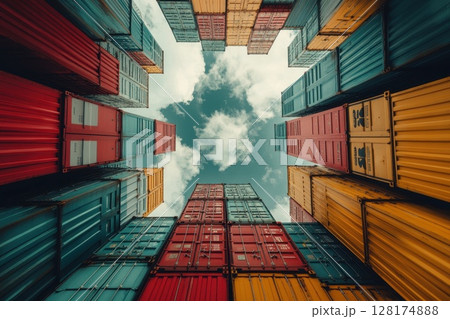 A colorful image of a city skyline with a blue sky and clouds, Concept of vibrancy and energy 128174888