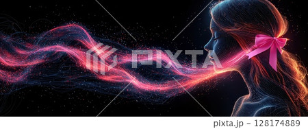 A woman with a pink bow in her hair is blowing a stream of pink and blue sparks, the idea of a woman's inner beauty and strength 128174889