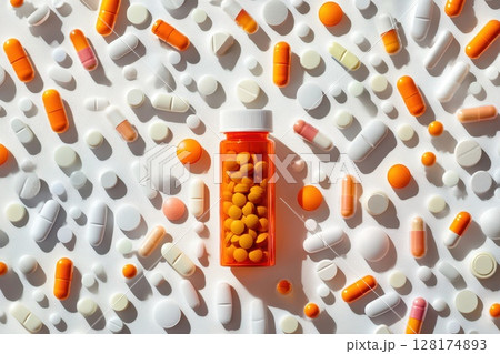 A bottle of pills is surrounded by many other pills 128174893