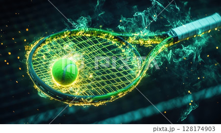 A tennis racket with a tennis ball on it surrounded by fire, as if the tennis match is in full swing and the players are giving it their all 128174903