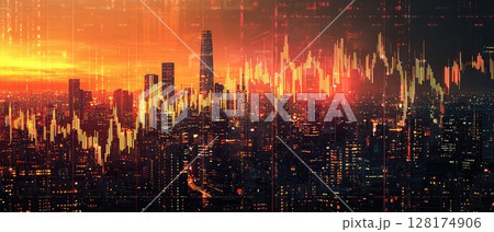 A city skyline at night with a stock graph in the background 128174906