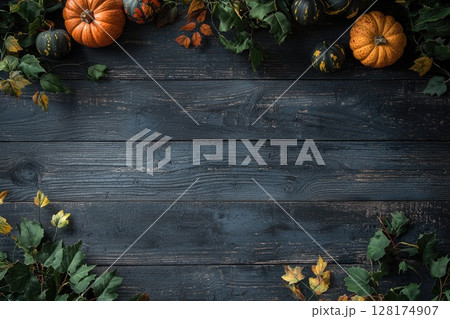 A wooden background with a variety of pumpkins and leaves 128174907