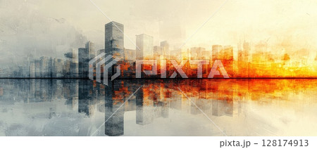 A city skyline with a sunset in the background 128174913