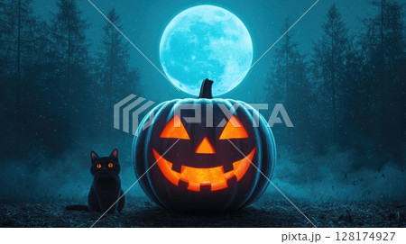 A festive Halloween banner showing a grinning pumpkin and full moon behind A festive Halloween banner showing a grinning pumpkin and full moon behind 128174927