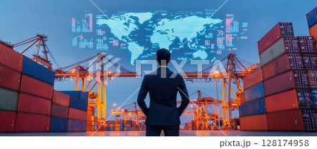 Businessman Analyzing Global Trade at Dockyard Businessman Analyzing Global Trade at Dockyard 128174958